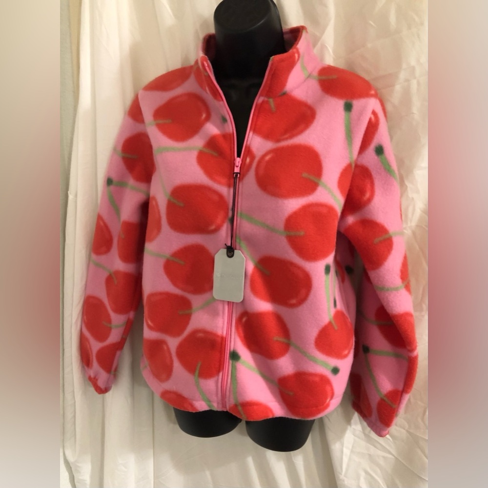 Giant cherry printed mockneck zip‎ up pink fleece jacket size medium brand new